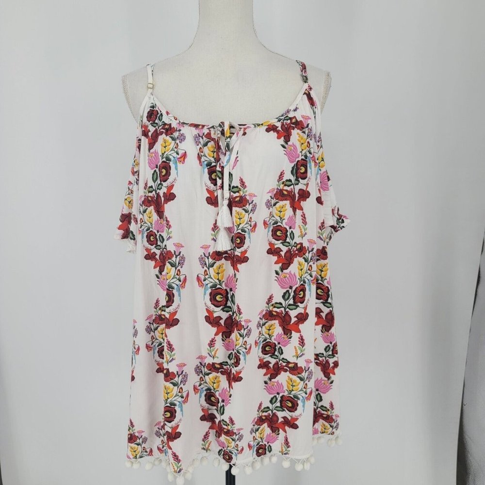 Show Me Your Mumu Floral Cold Shoulder Bonnaroo Pom Pom Mini Dress Size Small